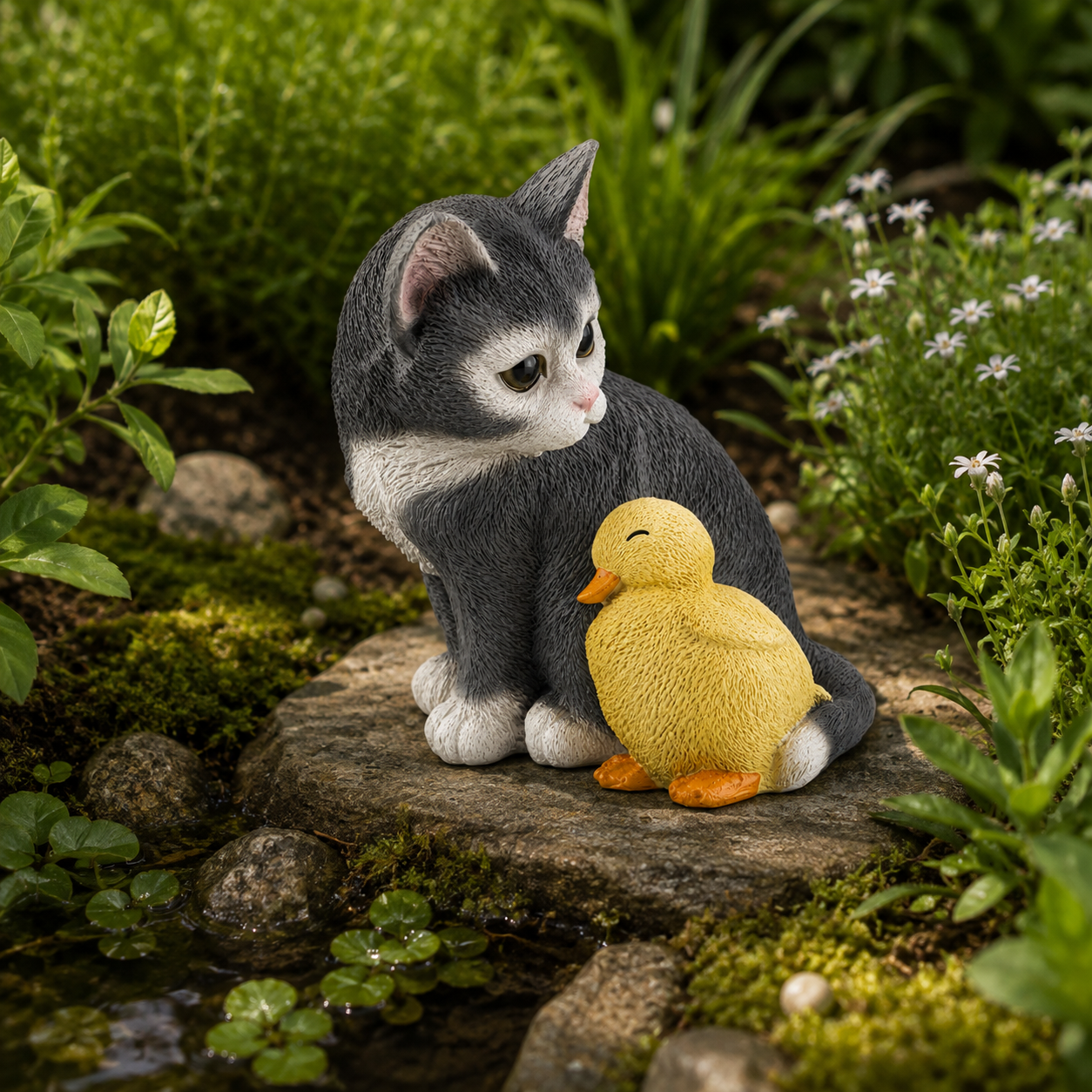 Kitten with Duckling Garden Statue
