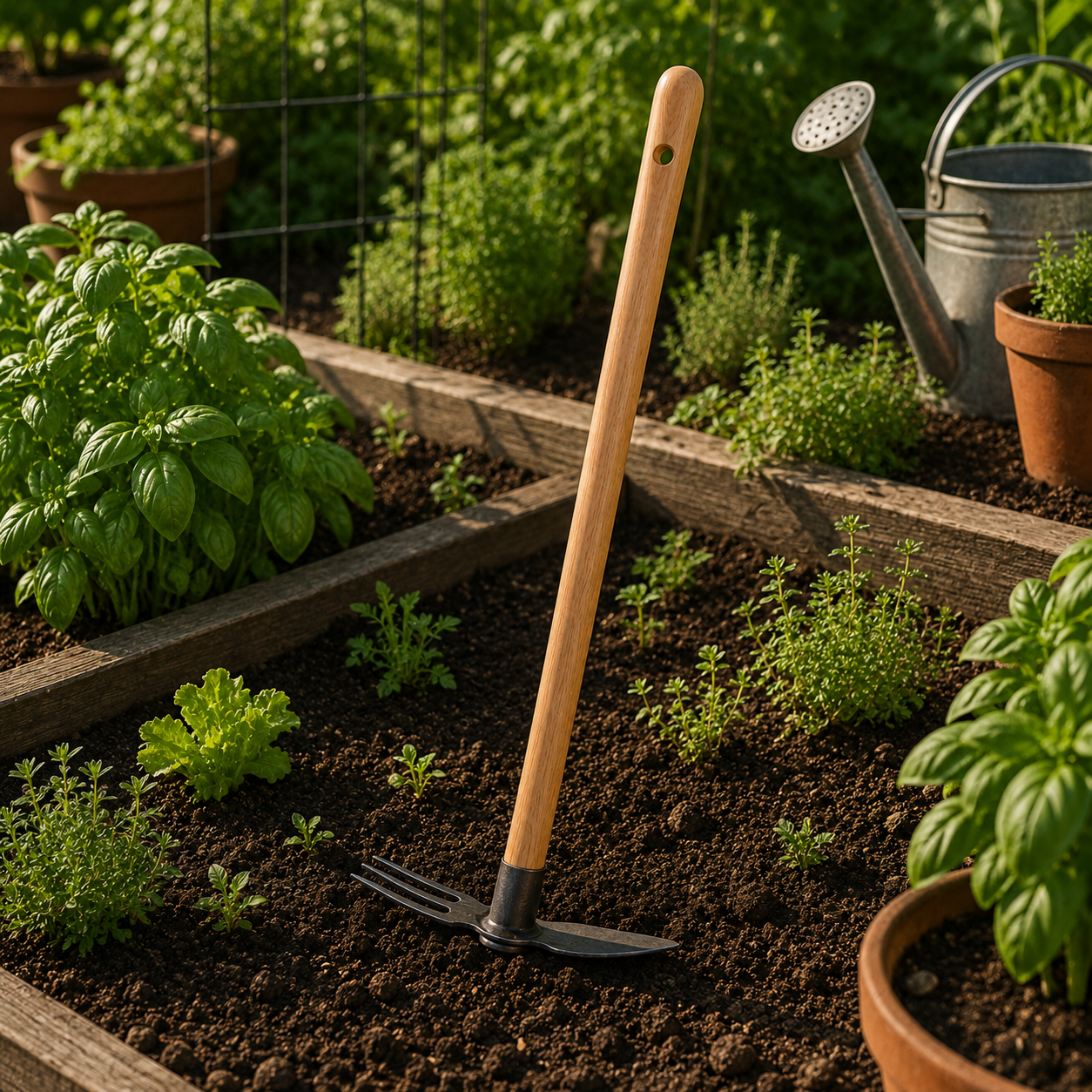 Double Heart-Shaped Hoe with Three-Tine Cultivator – 50 cm Handle
