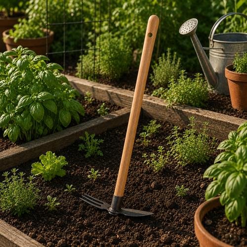Double Heart-Shaped Hoe with Three-Tine Cultivator – 50 cm Handle
