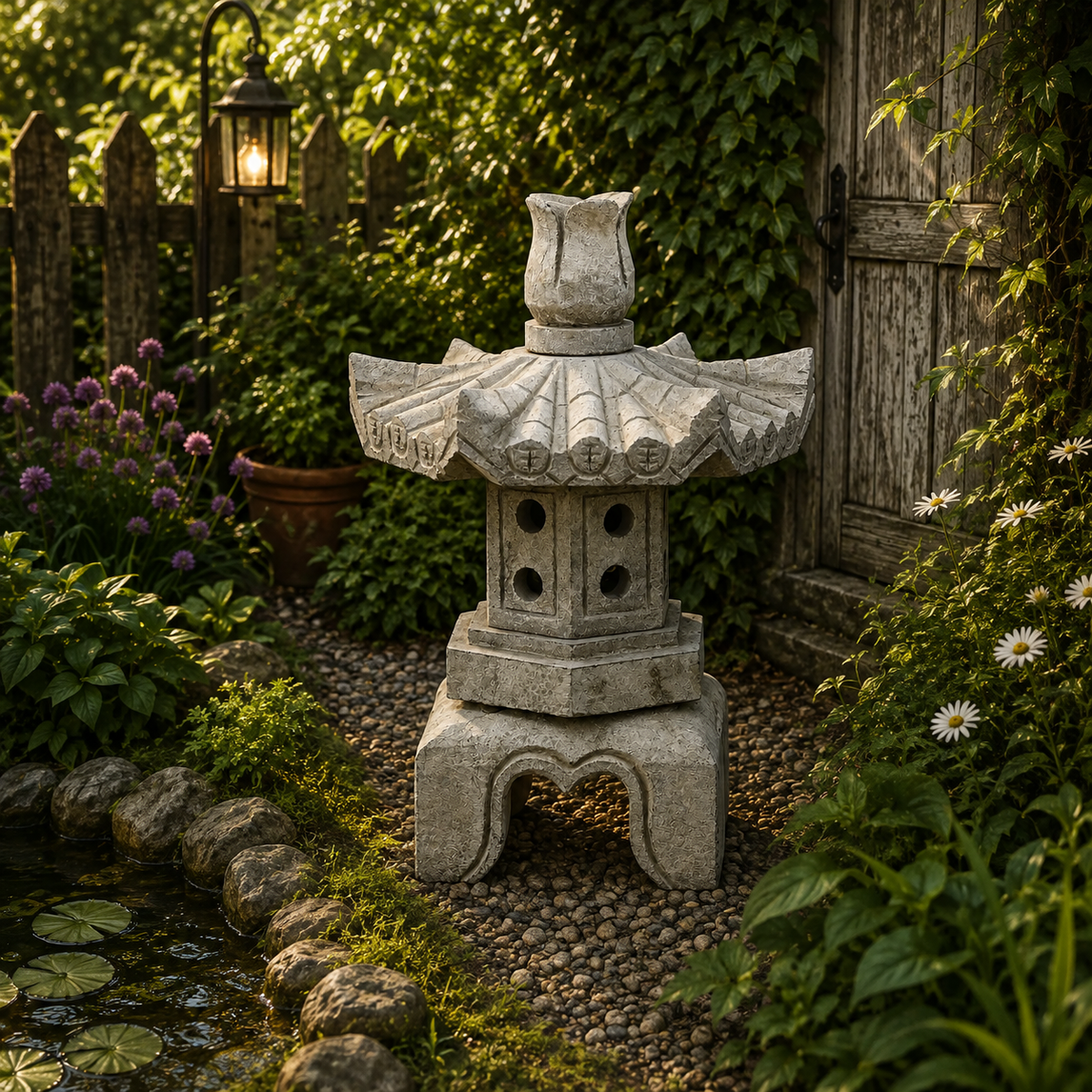 Tranquil Lotus Top Zen Stone Lantern